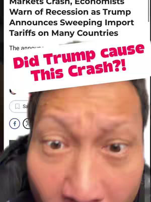 A close-up shot of a man with his eyes wide open, looking directly at the viewer with a slightly concerned expression. Overlaid on top of his face is a headline that reads, "Did Trump cause this crash?!" in large, pink, attention-grabbing text. Behind him, blurred text appears to be a news article. The composition uses a direct address to engage the audience with a question.