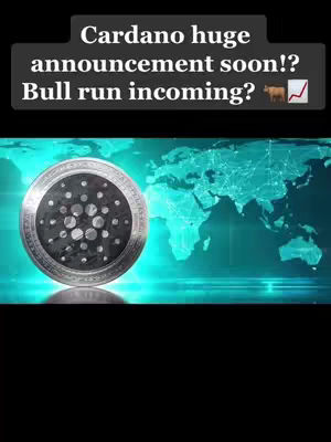 The cover image features a stylized depiction of a Cardano (ADA) coin superimposed over a digital map background. Above the coin is a black rectangular text box containing white text that reads "Cardano huge announcement soon!? Bull run incoming?" with emojis of a bull and a graph. The coin is silver and circular, with a unique patterned surface. The background shows a digital map of the world, with a teal-to-blue gradient and connecting lines. The overall composition is designed to grab attention, with the focus on the crypto coin and the implication of exciting news.