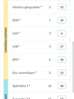 A screenshot from an app that displays subject grades from a high school exam. The layout has a list of subjects on the left side, with corresponding grades on the right. The subjects and grades are organized into rows. The color palette is mostly white with green for the grades.