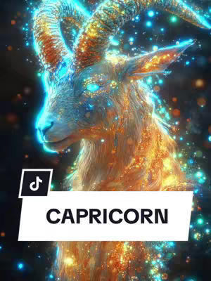 A digital rendering of a Capricorn zodiac symbol, a mythical goat-fish hybrid, shown in profile. The creature is rendered with blue and gold hues, and a sparkling, starry effect. The background is a dark blue, with bokeh-like lights. A white rectangular banner with the word "CAPRICORN" in bold, black font. A TikTok logo in a black square is in the upper-left.