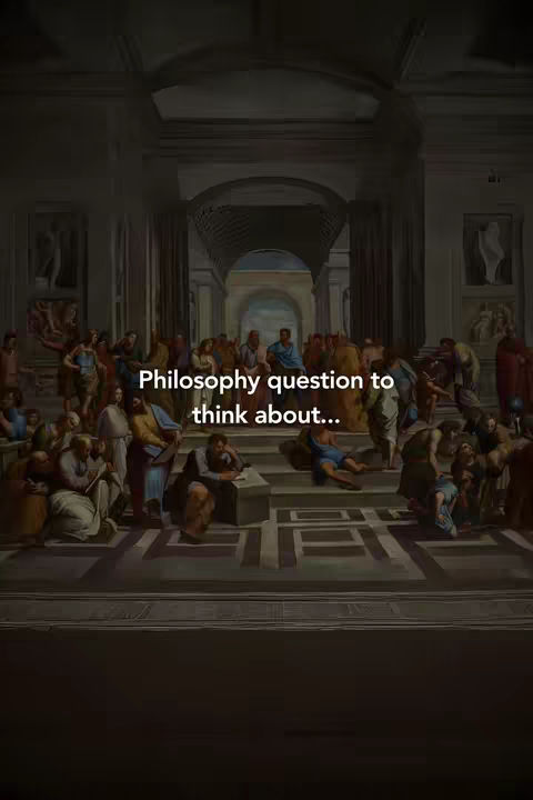 The cover image showcases a segment from a classical painting with numerous figures in a large hall. The composition features a complex arrangement of people, varying in attire and pose, engaging in different activities. In the foreground, some figures are seated and interacting, while others stand or recline. The color palette is dominated by muted tones, adding a sense of historical depth, with a text overlay reading 'Philosophy question to think about…'.