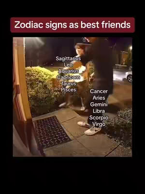An outdoor shot at dusk features two individuals interacting near a doorway, with astrological signs listed on the frame. The scene is dimly lit with the subjects partially obscured in shadows.