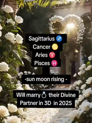 The cover image shows a lush outdoor setting with flowers and greenery framing the scene. There are decorative floral arches and a sunny background. A central black rectangle displays text, with zodiac signs at the top and a prediction about marriage in 2025 at the bottom.