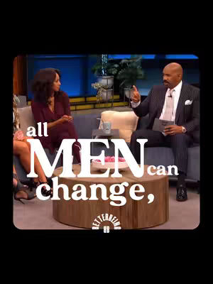 The cover image features a discussion setting with two people seated on a sofa. In the foreground, bold white text says "all MEN can change,", overlaid on a circular wooden table.