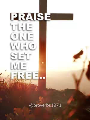 The cover image is a vertical composition featuring a cross and a quote superimposed. The cross, centered, is silhouetted in a darker shade, while the background gives off a soft, sunset-like glow. Large, clear text vertically lists the quote "PRAISE THE ONE WHO SET ME FREE..". The image has a slightly washed-out, warm color palette.