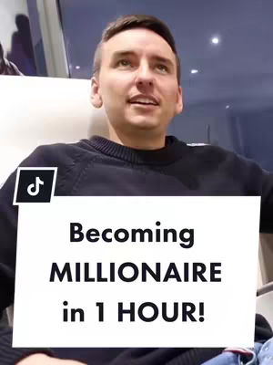 The cover image shows a man looking up and slightly to the right, with a white rectangle overlaid on the bottom that includes the text "Becoming MILLIONAIRE in 1 HOUR!". There is a TikTok logo in the top left corner of the white rectangle. The man is wearing a dark sweater. The background is blurred.