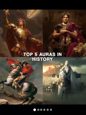 A montage of historical paintings, presented in a grid of four images, each depicting a figure, with overlaid text. The top left shows a man in armor raising a golden object. Top right displays a man in a regal setting. Bottom left shows a person riding a horse. Bottom right displays a person in a white outfit. The text overlay at the center reads: TOP 5 AURAS IN HISTORY.