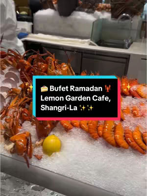 The cover image shows a display of cooked lobsters on a bed of ice, with a yellow lemon placed in front. A text overlay on a color bar overlies the image promoting a Ramadan buffet at Lemon Garden Cafe in Shangri-La.