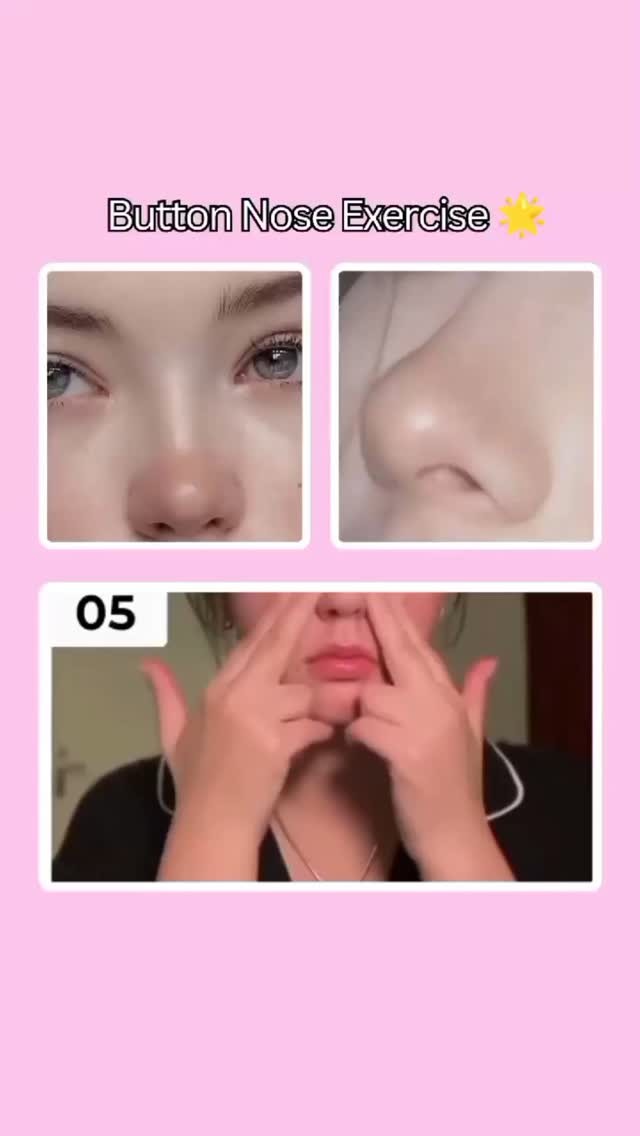 The cover image showcases a collage, split into three squares against a light pink backdrop. Above, the text "Button Nose Exercise" is prominently displayed. The top left square features a close-up of a person's eyes and nose, while the top right square shows a side view of a nose. The bottom square captures a person demonstrating the exercise with their hands near their mouth, suggesting a tutorial.