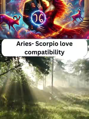 The image shows a stylized depiction of a couple in a romantic embrace, set against a backdrop of celestial elements and dynamic color gradients. Above the couple is a celestial scene with swirling nebulae and stars. The text overlay reads "Aries- Scorpio love compatibility", suggesting the content is about the relationship dynamic between these zodiac signs. Below, there is a photograph over it showing a green scenery.