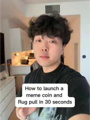 A man with short, curly black hair stands in front of a blurry indoor background. The foreground is in focus. He is wearing a dark t-shirt and looking directly at the camera. A text box at the bottom reads "How to launch a meme coin and rug pull in 30 seconds".