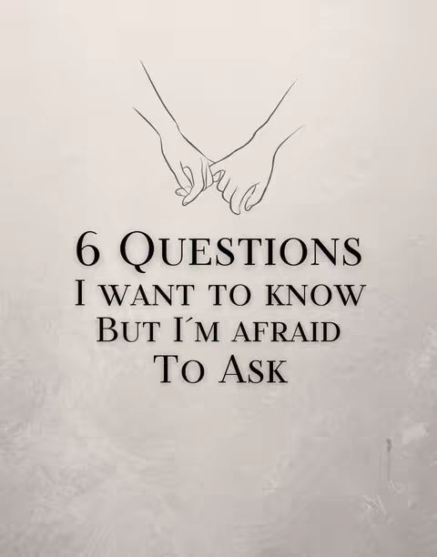 The image has a light gray background with a textured, almost watercolor-like effect. At the top are two hands with fingers intertwined, drawn with thin black lines in a minimalist style. Below the hands, centered on the image, is bold text: "6 QUESTIONS I WANT TO KNOW BUT I'M AFRAID TO ASK". The text is in a dark, slightly stylized font, creating high contrast against the background.
