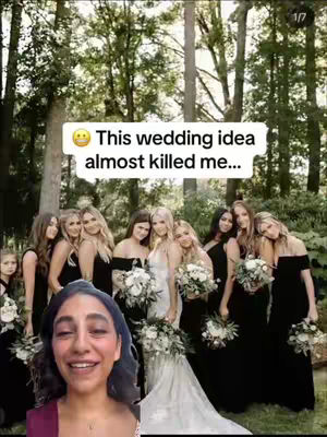 A selfie of a woman smiling and looking at the camera, overlaid on an image of a wedding party. The wedding party includes a bride in a white gown standing among bridesmaids in black dresses; they are in a natural setting.