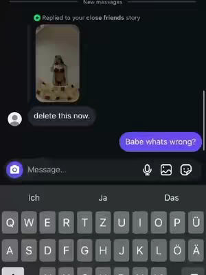 A screenshot of a phone's messaging app, featuring a conversation. The main elements include chat bubbles, a photo, and a keyboard. The background is dark, and the overall layout is clean and modern.