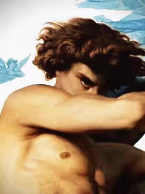 The cover image is a classical painting featuring a muscular man with brown curly hair and a tan complexion. He is depicted from the chest up, with his right arm across his body and his face half-concealed, looking down with a serious and intense expression. The background has a white canvas with some blue and light highlights.