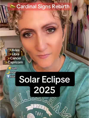 A woman with curly hair and makeup looks directly at the viewer. Text overlays indicate astrological themes and a solar eclipse.