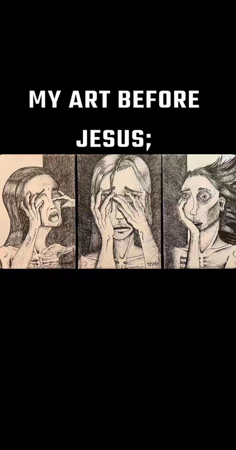 The cover image is a vertically oriented collage against a black background. It has text: "MY ART BEFORE JESUS". The image is split into three panels, each depicting a sketch of a woman in distress. Each panel shows a woman from the chest up, with visible rib cages and faces. The first panel shows a woman screaming with her hands reaching up toward her head. The second image has a woman behind her hands, obscuring her face. The third image has a woman looking down, with a distressed expression. The art style is sketched with stark black lines on a white background.