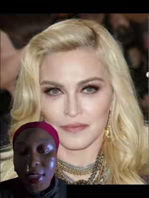 The image features a split composition: on the left, there is a person with a dark complexion wearing a bindi on their forehead; they are looking at the viewer with a slightly open mouth and lipstick. On the right, there is a blurred image of pop icon Madonna’s face and upper body. The background appears to be a dark setting, likely an event or a studio shot.