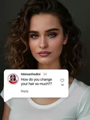 A close-up shot of a woman with curly brown hair looking directly at the camera. She has light skin, with a subtle blush, and prominent eyebrows. A speech bubble with a comment and image about the hair transformation is overlaid on the bottom left corner.