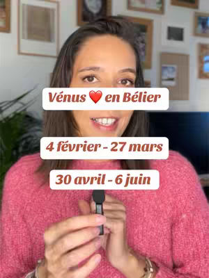A woman with brown hair and a pink sweater is centered in a selfie-style shot. Three white rectangular boxes with text overlay the upper body. The background shows a room with framed pictures.