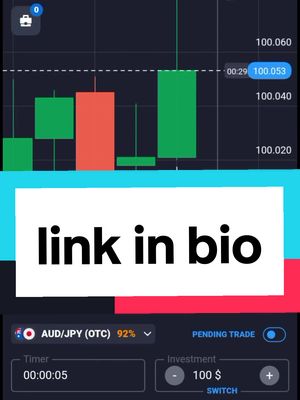 The image displays a trading interface. At the top is a candlestick chart with green and red bars, and a price indicator. Below the chart is a white rectangle with the text 'link in bio'. At the bottom, it shows account and trading option controls.