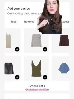 A woman with brown hair is in frame, pointing at different app features in the background. The cover image is a screenshot of the app interface, showing outfit suggestions and a list of clothing categories. Text overlays direct the user on how to use the app.
