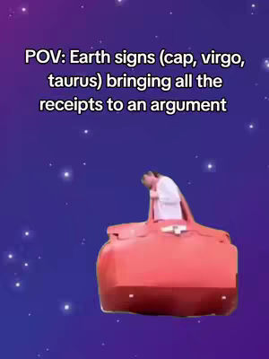 The cover photo displays a person in a white shirt and red jacket, positioned inside what seems to be a large red object resembling a large bag or container. The background is a gradient of blue and purple, sprinkled with white star-like shapes. Text at the top of the image reads 'POV: Earth signs (cap, virgo, taurus) bringing all the receipts to an argument'.