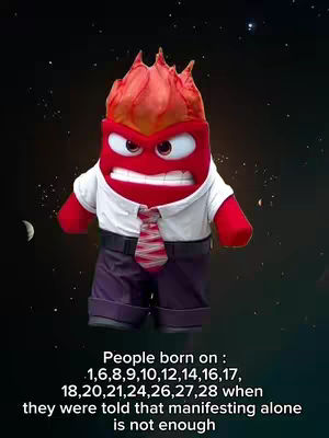 The cover image features the character Anger from the movie 'Inside Out,' set against a dark, starry background. Anger, a red, anthropomorphic figure with a fiery head, is dressed in a white shirt, a tie, and purple pants. Text at the bottom lists birth dates.