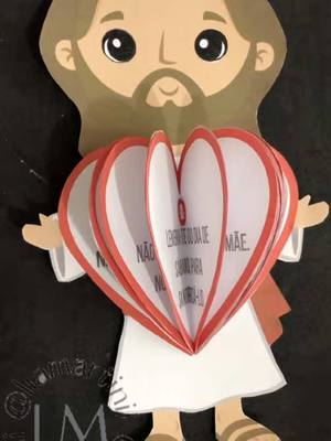 The image shows a Jesus figure with a heart-shaped booklet in front of him. The Jesus figure is drawn with cartoonish features, in white religious dress and brown hair and beard. The booklet is in a shape of heart and has different pages, with a different sentence written on each one.