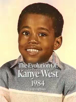 The cover image shows a childhood photo of Kanye West. He is a young Black boy with a light yellow background and a blue sweater. Text overlays display, "The Evolution Of: Kanye West 1984."