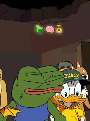 A cartoon image shows a scene with several animated characters centered around the concept of crypto investments. At the bottom, there's a green cartoon frog holding his head, next to the cartoon version of Donald Duck wearing a hat that says 'QUACK,' both appearing concerned within the image.