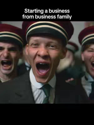 The cover image features a group of young men in formal attire, possibly a school or organization uniform. Some are in the background, and one in the foreground opens his mouth in an exaggerated expression. Overlaid at the top is the text 'Starting a business from business family'. The background is slightly blurred, putting the focus on those closest to the camera..