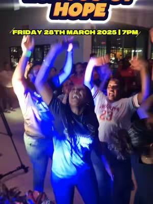 A group of people raising their arms in front of a brightly lit stage. The main subject is a woman with her head tilted back and eyes closed, with her arms raised. In the background, other people are partially visible with their arms raised. At the top of the image, text in a glowing font that reads 'Echoes of Hope' and below that 'FRIDAY 28TH MARCH 2025 | 7PM' with text below it.