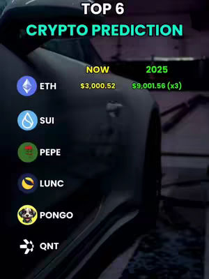 The image is a vertical graphic with a dark, possibly metallic, background. On the left side, several cryptocurrency logos are stacked vertically, each with a label (ETH, SUI, etc.). To the right, a table presents price predictions, with the values for 'NOW' and '2025'. The text 'TOP 6 CRYPTO PREDICTION' is at the top, and the overall style is modern and informative.