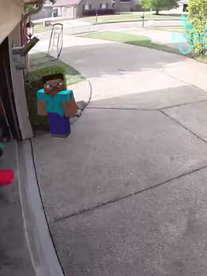 The cover image showcases a scene from what appears to be a security camera overlooking a driveway and front yard setting. The main focus is a Minecraft character, Steve, standing in the driveway. The scene is brightly lit, with a mixture of natural and artificial lighting. The overall color scheme is dominated by cool tones with the grey of the driveway contrasting against the clear blue sky.