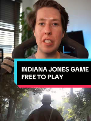 The image features a man in the upper half against a blurred background. Below, a scene from a forest setting, possibly from a game, is visible, where a character wearing a hat is at the center. Overlay text states “Indiana Jones Game Free To Play”.