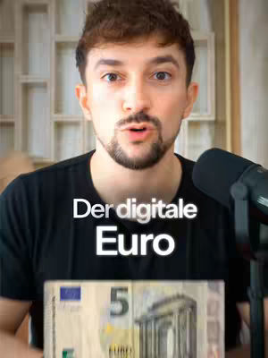 A man with short brown hair and a beard is speaking to the camera. The background seems to be a shelf unit. The text overlay reads 'Der digitale Euro' in white font.