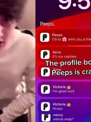 The cover image is split with a person talking on the left and a phone screen on the right. The phone screen is vertical and displays a messaging app interface with several chat bubbles. The background is colorful, and the app has a clean design. A user interface element at the top shows a rating of 9.5.
