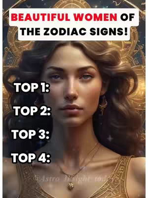 A vertical cover image features a woman with long wavy brown hair, set against a space-themed background with stars and astrological details. Bold red text at the top reads "BEAUTIFUL WOMEN OF THE ZODIAC SIGNS!" with numbered lists below from "TOP 1:" down to "TOP 4:". The woman has a fair complexion, and is wearing a low cut gold top and a necklace with a jewel. Overall is an aesthetic presentation of an astrology theme.