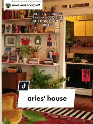 The cover image shows an interior scene with shelves decorated with various items, including books and plants. Text overlay indicates the content is about Aries' house based on astrology.