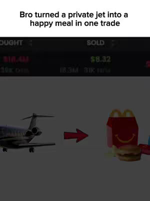 The image shows a humorous comparison. On the left, a private jet is depicted. An arrow points to the right, where a McDonald's Happy Meal with a hamburger, fries, and a drink is illustrated. Above, the text reads, 'Bro turned a private jet into a happy meal in one trade'. The image has a dark background and the elements are designed in cartoon style.