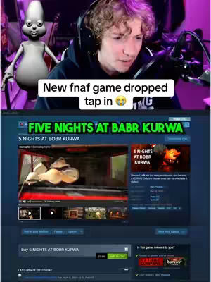 The cover image shows a split composition. The top half features a webcam view of a young man with curly blonde hair, wearing a black hoodie and gaming headset. Beside him is an animated cartoon character. Below, the image showcases a Steam game page named "FIVE NIGHTS AT BABR KURWA". Text overlay is used to capture attention.