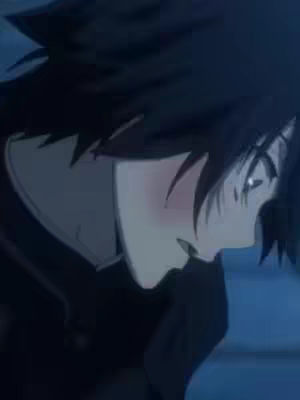 An anime-style illustration features a profile view of a person with dark, tousled hair and partially visible facial features. The subject has pale skin with a hint of blush on the cheek and a focused gaze. The background is a soft, blurred blue hue, providing a subtle contrast to the darker tones of the hair and clothing.