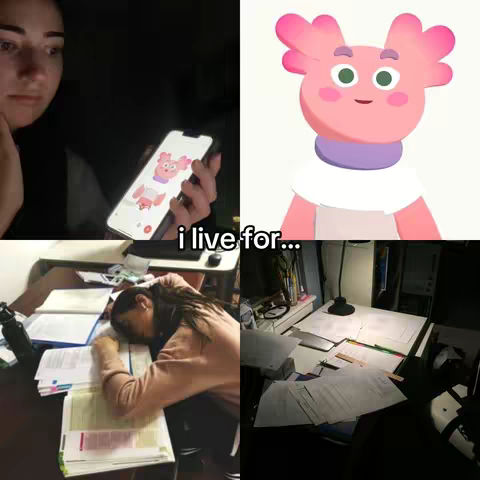 The cover image is a collage with four sections. In the top left, a person is looking at a phone screen in a dimly lit environment. The top right shows a cartoon character with pink features, a purple scarf and white collar. In the bottom left, a person is sleeping with their head on a desk. The bottom right features a well-lit desk with papers, pens, and a lamp.