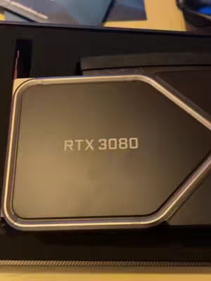 The cover image shows a close-up of a black graphics card with the text "RTX 3080" in white lettering. The card is angular with a silver frame and sits inside a black protective case.