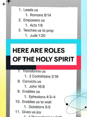 The image is a vertically oriented graphic with a pastel color scheme. The background has a soft gradient of light blue at the top that transitions to light green at the bottom with a shape in the background in white with some dark lines in the shape. Over it, There is a white, card-like box that contains a listing of information. The words 'HERE ARE ROLES' and 'OF THE HOLY SPIRIT' are in the image in a rectangular shape in black. The image lists the following content: 1. Leads us, 2. Empowers us, 3. Teaches us to pray, 7. Transforms us, 8. Convicts us, 9. Enables us, 10. Enables us to wait, and 11. Gives us joy, each paired with a relevant bible verse. On the top left corner there are some decorations in the image shape.