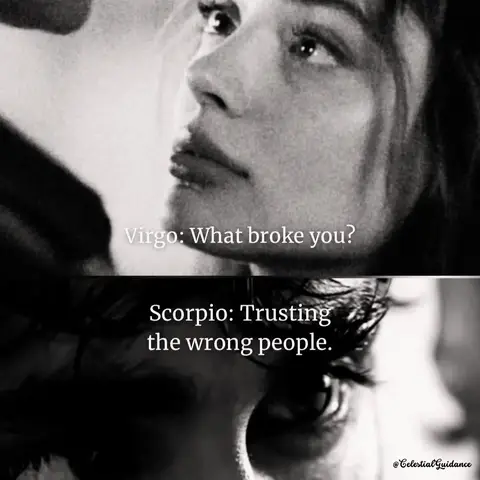 A black and white image split into two sections. The top section shows a close-up of a person's face, seen from the side, with their eyes looking upwards, suggesting thought or contemplation. The bottom section features a close-up of another person's face with their eyes focused downwards. Text overlays are positioned in each section, providing a dialog about the emotional meaning of zodiac signs.