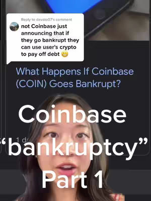 A woman with dark hair and fair skin is centered in the frame. Her lips are slightly parted, and she is looking directly at the viewer with a serious expression. Overlaid on top are text elements, including the title "What Happens If Coinbase (COIN) Goes Bankrupt?" and the phrase "Coinbase bankruptcy Part 1". The background includes a screenshot of a website or app, with a comment about Coinbase from another user.