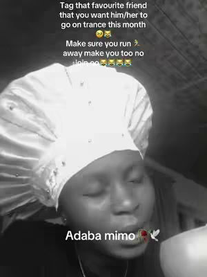A black and white image features a person, presumably female, facing the camera with closed eyes. The person is wearing a white head covering that resembles a traditional scarf. Text overlays across the image in a stylized font offering a prompt on a friend to go on 'trance.', Additionally another line, 'Adaba mimo'.