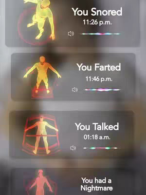 The image is a vertically oriented screenshot displaying a mock-up of a phone interface. The focus is on a series of notifications or entries that appear to track actions or happenings during sleep, such as snoring, farting, talking, and having a nightmare. Each event is accompanied by a corresponding time, creating a humorous and slightly absurd narrative of the user's sleep activities. The color palette is muted, with dark backgrounds and neon-like figures that highlight the events.